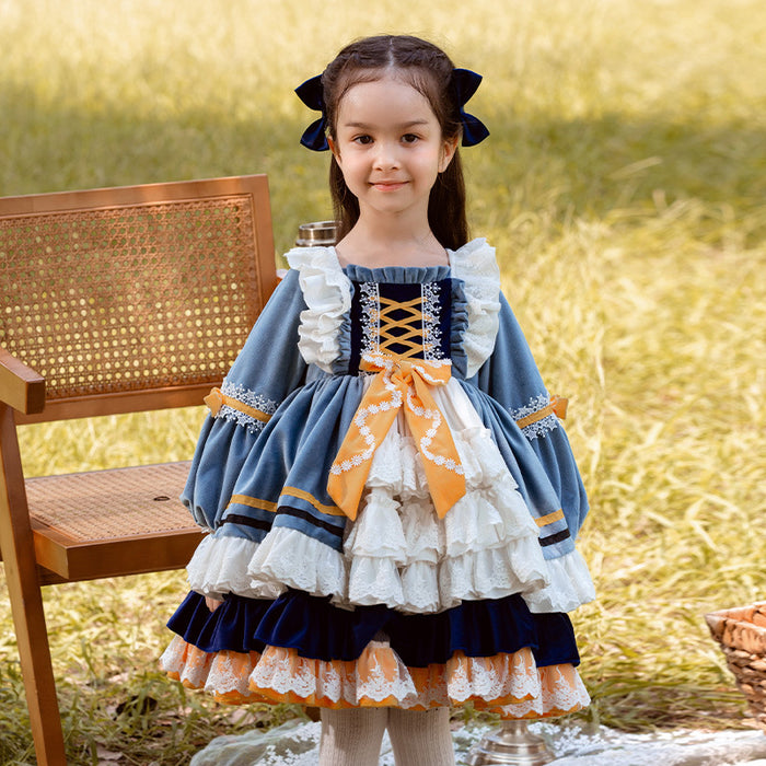 Sweet Love Blue Long Sleeves Velvet with Lace Bow(s) Girls Lolita Dress