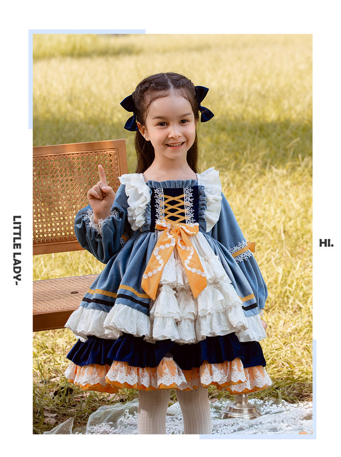 Sweet Love Blue Long Sleeves Velvet with Lace Bow(s) Girls Lolita Dress