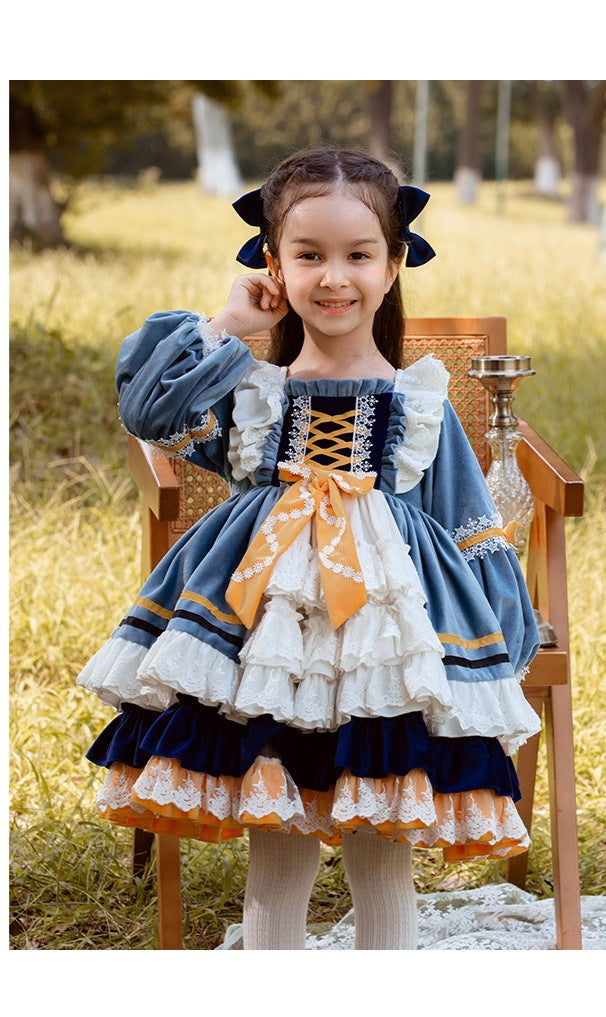 Sweet Love Blue Long Sleeves Velvet with Lace Bow(s) Girls Lolita Dress