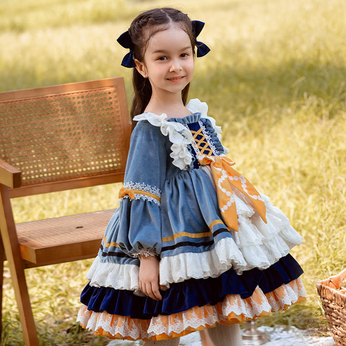 Sweet Love Blue Long Sleeves Velvet with Lace Bow(s) Girls Lolita Dress