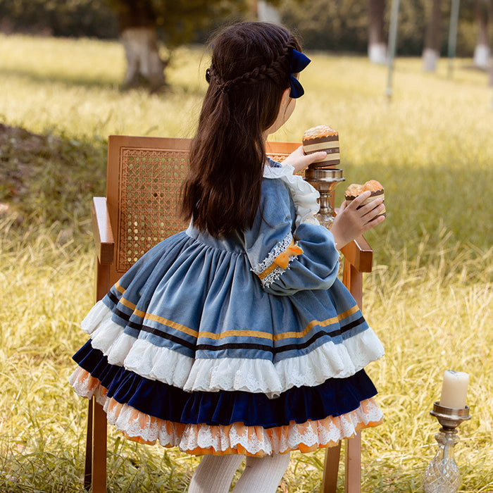 Sweet Love Blue Long Sleeves Velvet with Lace Bow(s) Girls Lolita Dress