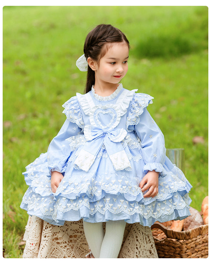 Sweet Love Light Blue Long Sleeves Organza with Lace Bow(s) Girls Lolita Dress