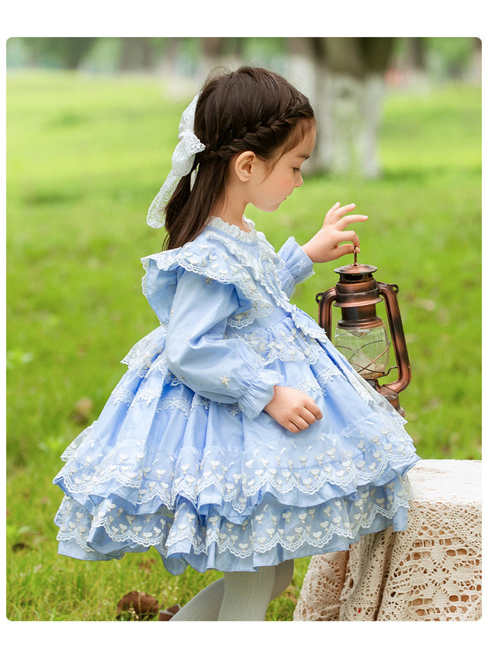 Sweet Love Light Blue Long Sleeves Organza with Lace Bow(s) Girls Lolita Dress