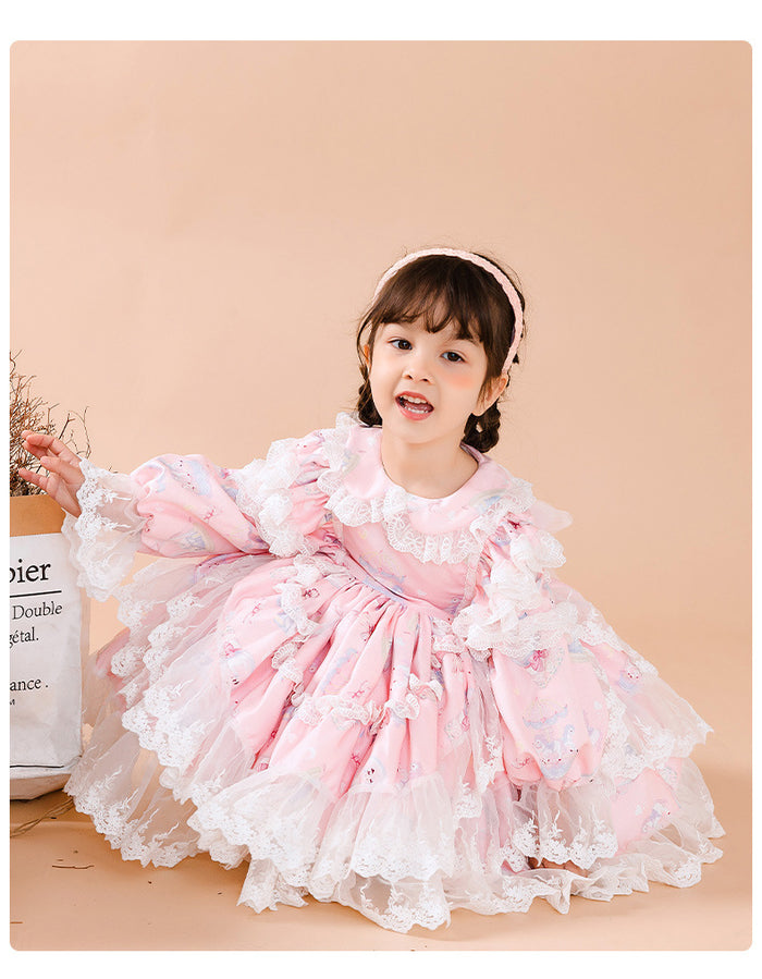 Sweet Love Pink Long Sleeves Organza with Lace Girls Lolita Dress