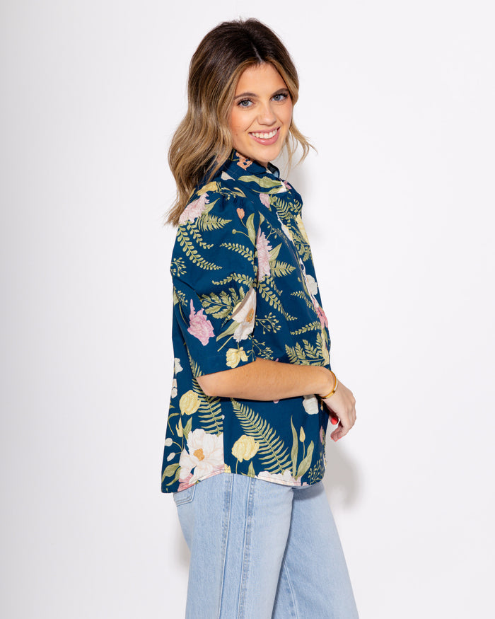 Teal Multi Floral Print Ruffle Button Up Top