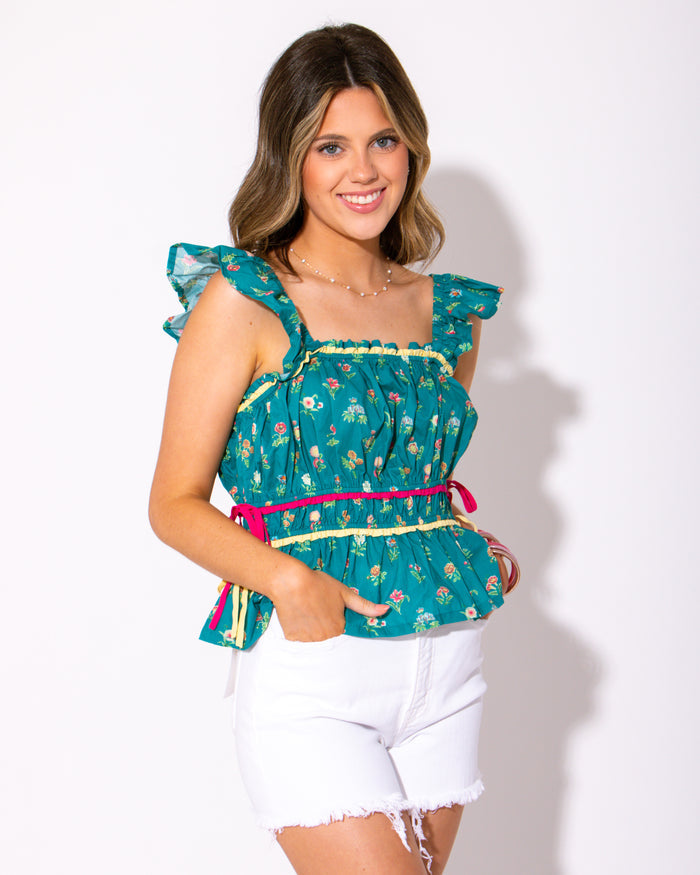 Teal Petal Threaded Peplum Top