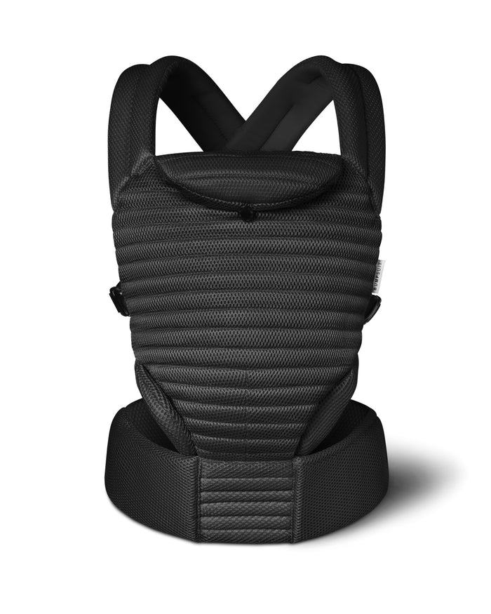 the Bumpsuit black mesh baby carrier with hidden leg guards, shot on a front view against a white background