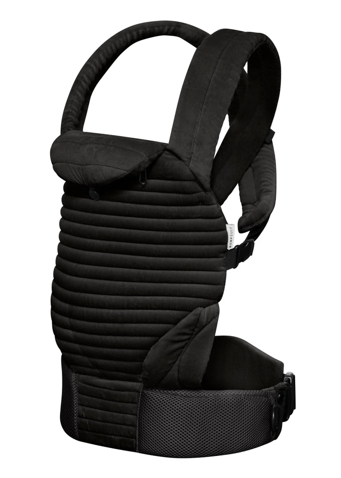 side view of the black velvet bumpsuit baby carrier on white background