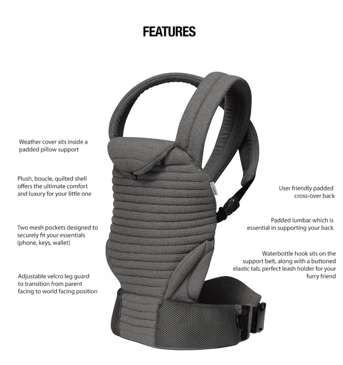 feature page listing details of the bumpsuit armadillo baby carrier