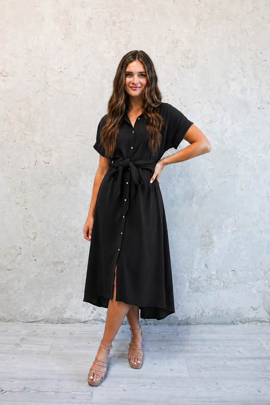 The Blythe Button Down Shirt Midi Dress in Black