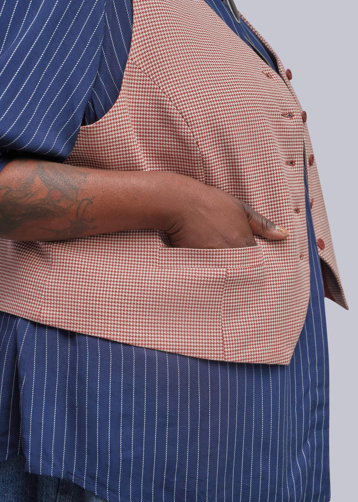 1X=A close-up of a person wearing a red and white houndstooth vest over a blue and white pinstriped shirt, with one hand tucked into a pocket.