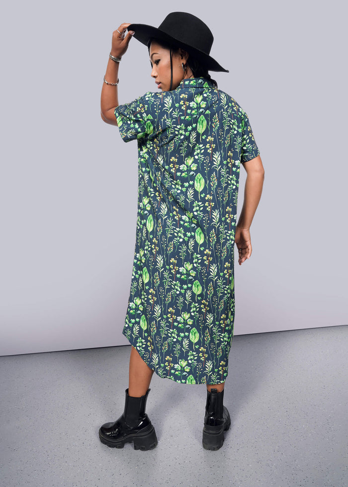 S=Model wearing The Empower Shirt Dress in Leaf Navy