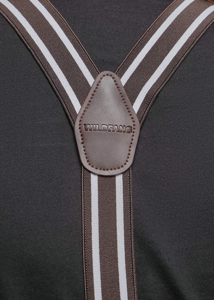 Close-up back view of a person wearing brown suspenders with white stripes over a dark gray shirt, showing the central leather connector and strap details.