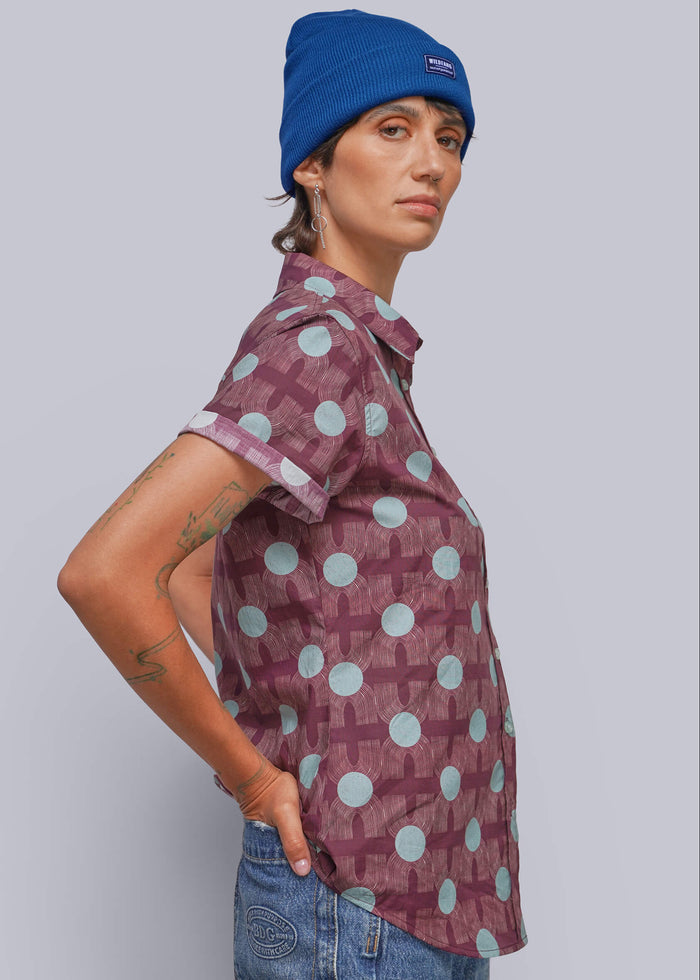 S=A person wearing a blue beanie, a patterned short-sleeve button-up shirt, and blue jeans, shown in profile against a light gray studio background.