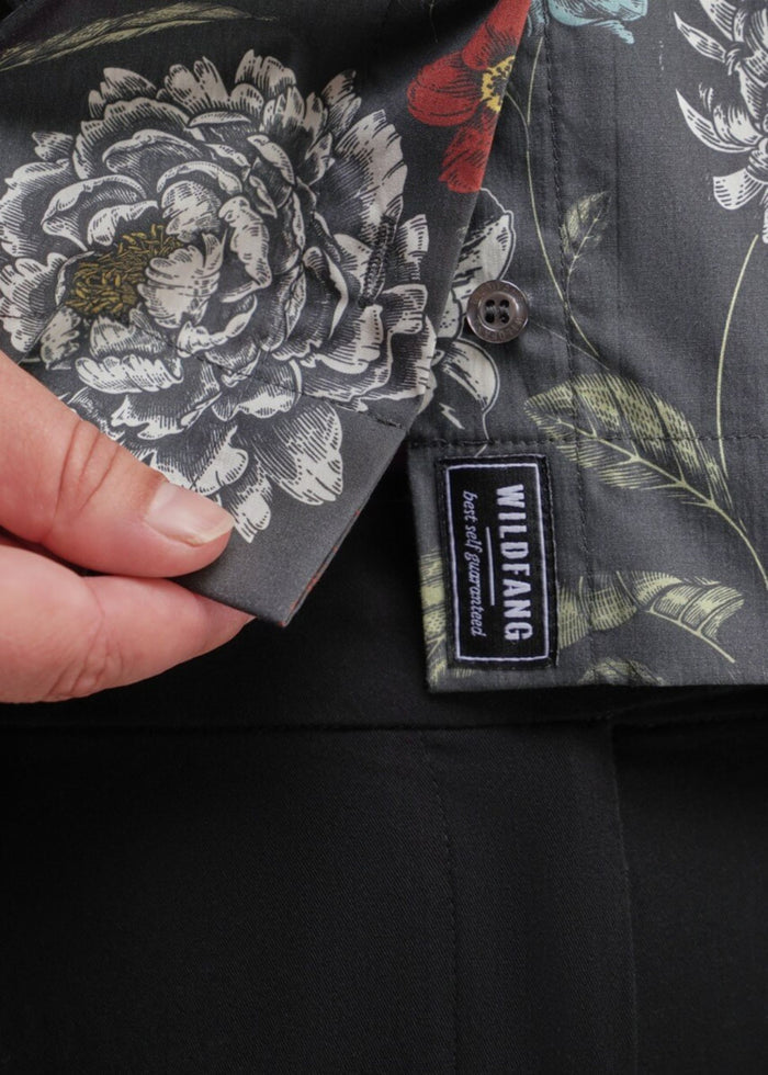 1X=Close up of WILDFANG label on grey floral button up