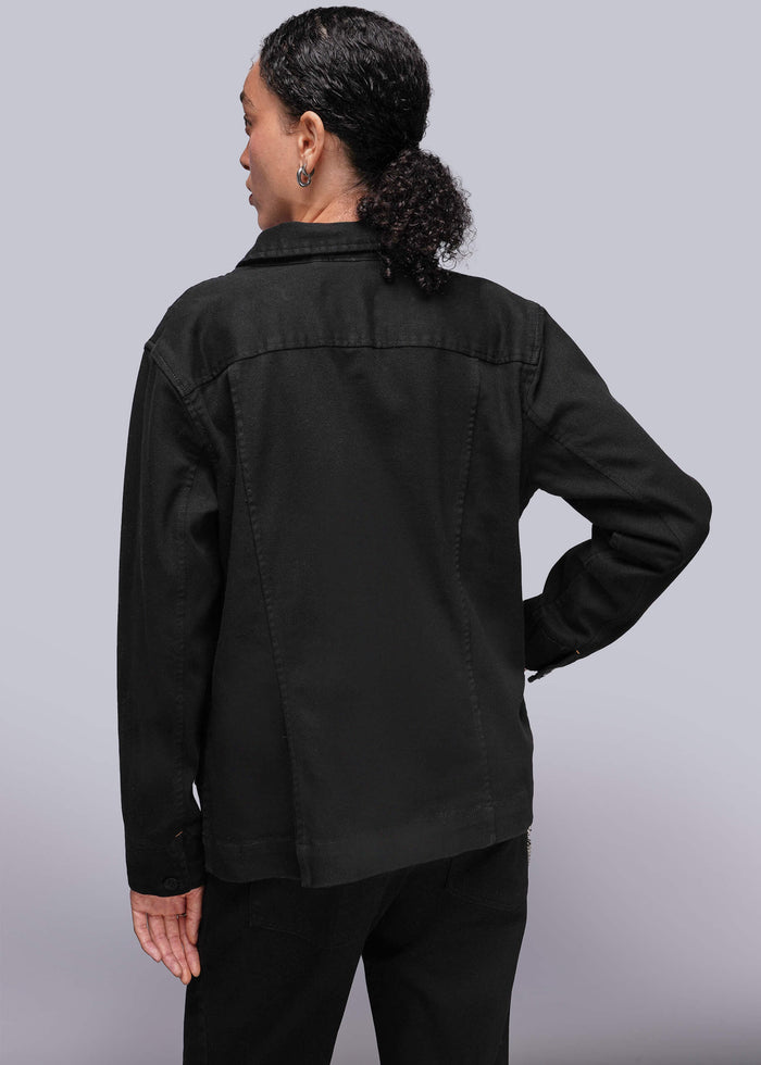 S=Back of person wearing a black jacket on a gray background