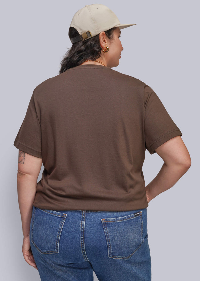 1X=A person shown from the back wearing a brown short-sleeve crewneck t-shirt, blue jeans, and a beige baseball cap, against a solid light gray background.