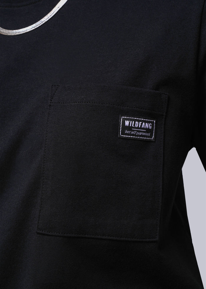 S=Black t-shirt with a visible brand label on the chest pocket against a white background