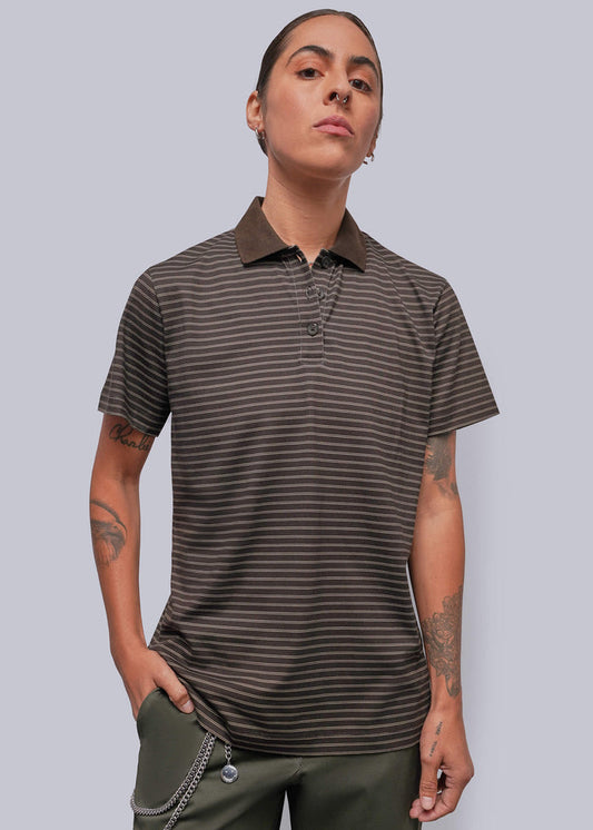 S=A model wearing a dark brown and black horizontally striped short-sleeve polo shirt with a solid dark brown collar, paired with olive green pants, against a solid gray background.