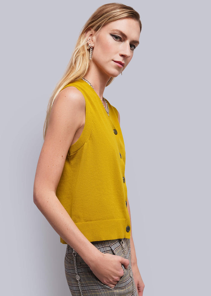 S=A blonde model wearing a sleeveless mustard yellow knit vest with dark buttons and gray plaid trousers, standing against a solid light gray studio background.