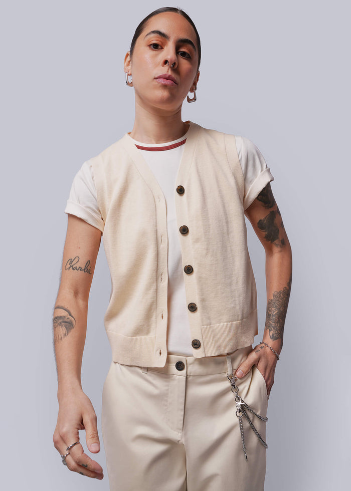 S=Person wearing a beige sweater vest over a white shirt with a plain background