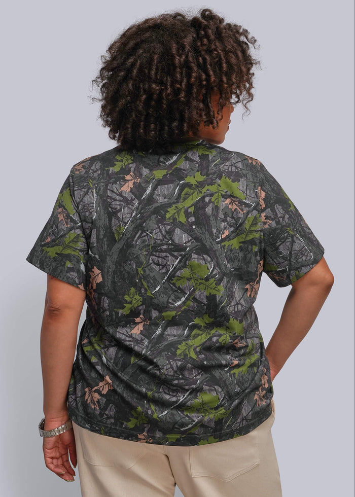 1X=A person shown from the back wearing a short-sleeve camouflage T-shirt with beige pants, photographed against a plain light gray studio background.