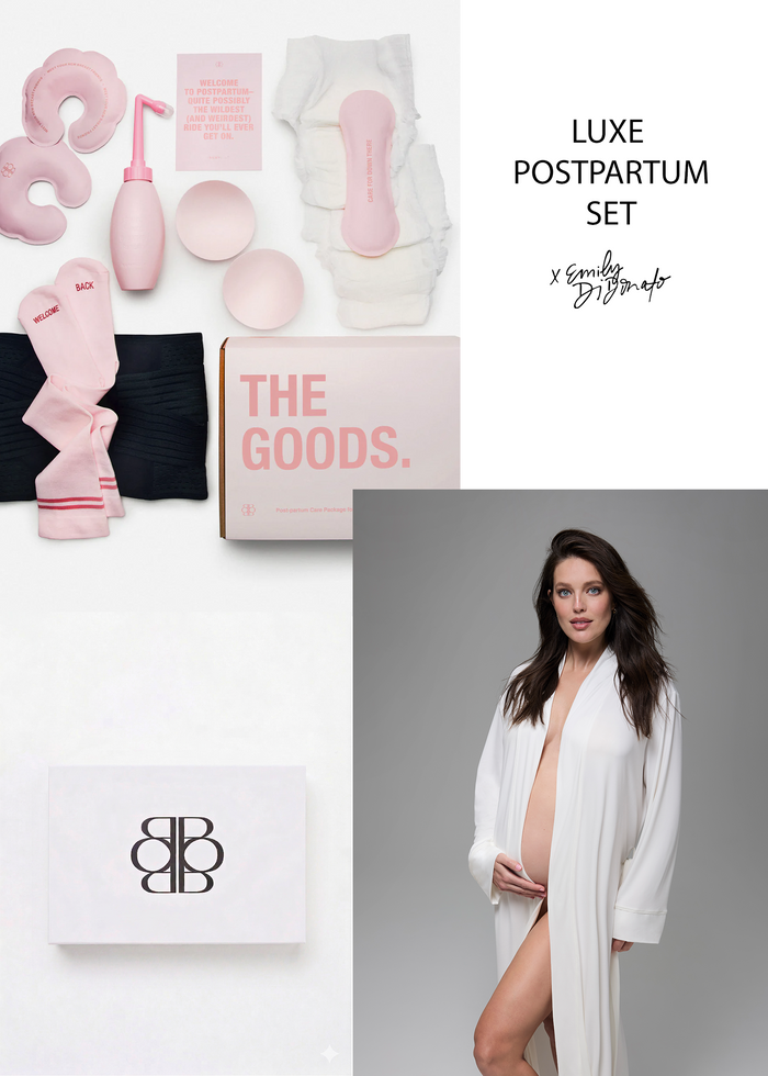 Luxe postpartum care set with pink items and a woman in a white Bumpsuit cloud robe.