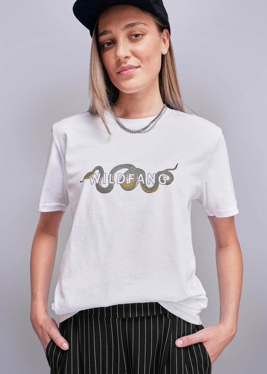 S=Person wearing a white t-shirt with 'WILDFANG' logo on a plain background