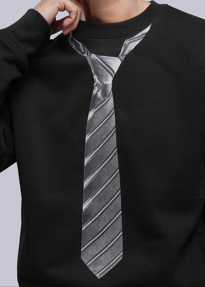 S=Black sweatshirt with a grey tie design on a plain background
