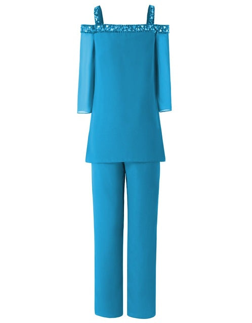 Three Quarters Sleeves Women 2 Pieces Beaded Mother of The Bride Pant Suits Evening Dress Wedding