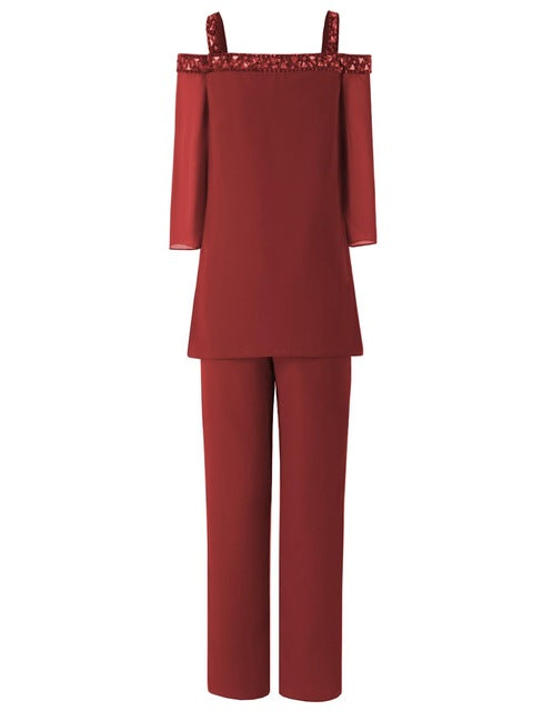 Three Quarters Sleeves Women 2 Pieces Beaded Mother of The Bride Pant Suits Evening Dress Wedding