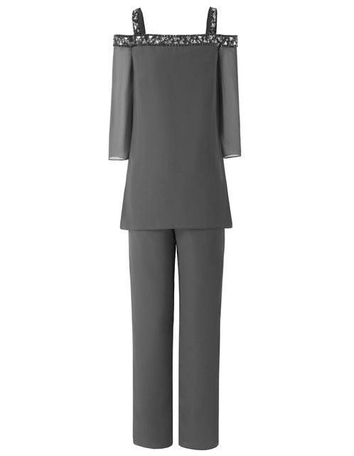 Three Quarters Sleeves Women 2 Pieces Beaded Mother of The Bride Pant Suits Evening Dress Wedding