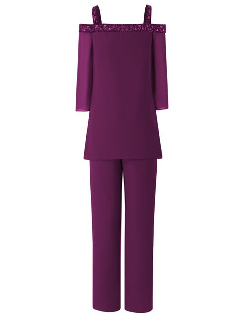 Three Quarters Sleeves Women 2 Pieces Beaded Mother of The Bride Pant Suits Evening Dress Wedding