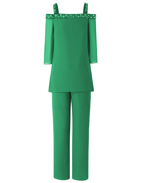 Three Quarters Sleeves Women 2 Pieces Beaded Mother of The Bride Pant Suits Evening Dress Wedding