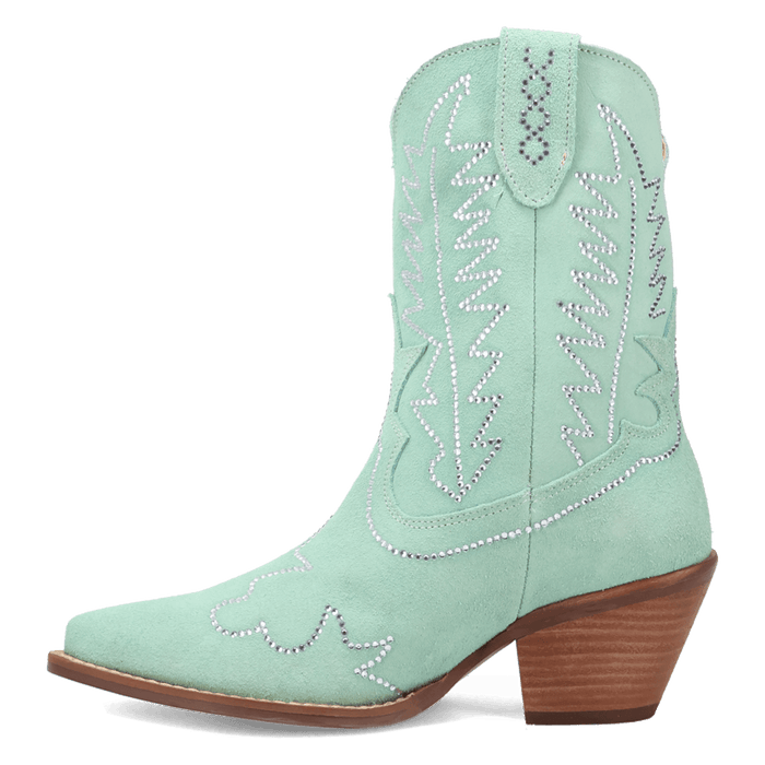 PRODUCT SHOT TINY PONY SUEDE LEATHER BOOTIE AT 135 DEGREE OUTSIDE ANGLE