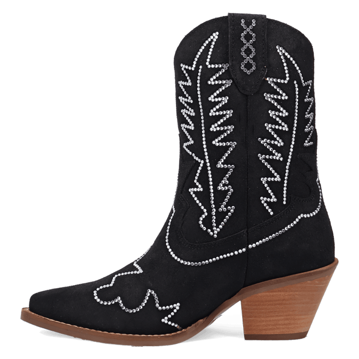 PRODUCT SHOT TINY PONY SUEDE LEATHER BOOTIE AT 135 DEGREE OUTSIDE ANGLE