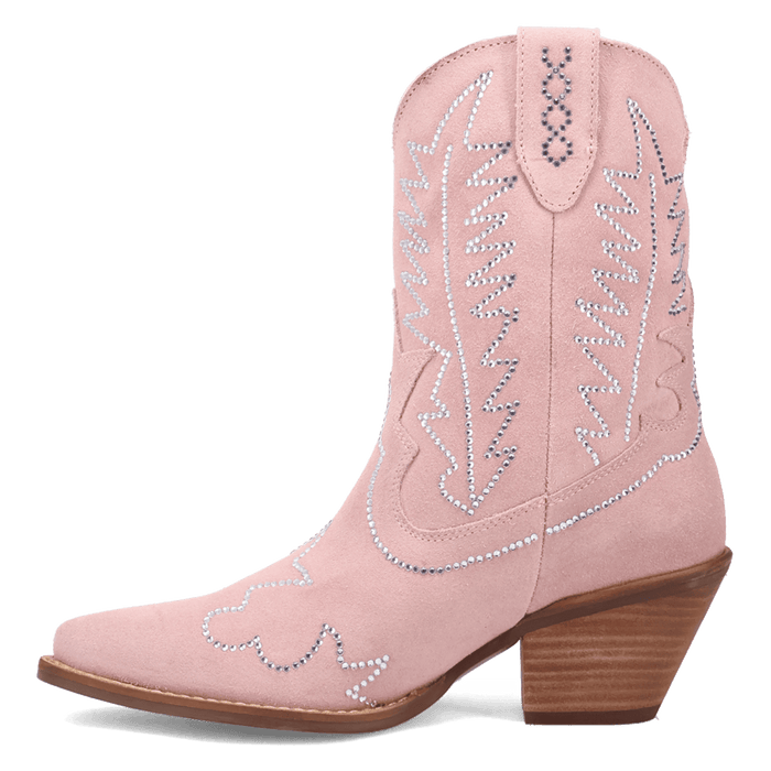PRODUCT SHOT TINY PONY SUEDE LEATHER BOOTIE AT 135 DEGREE OUTSIDE ANGLE