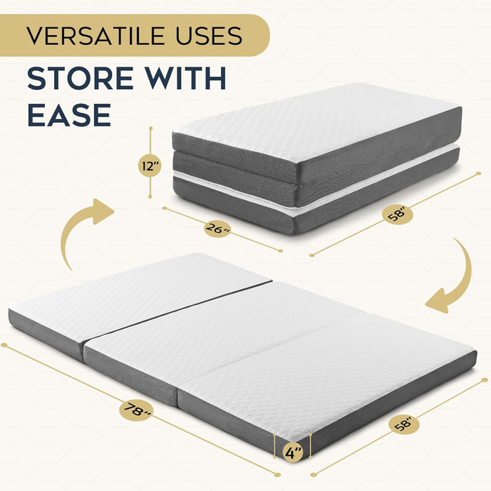 Tri-Fold Queen Memory Foam Mattress – Foldable Guest Bed with Washable Cover