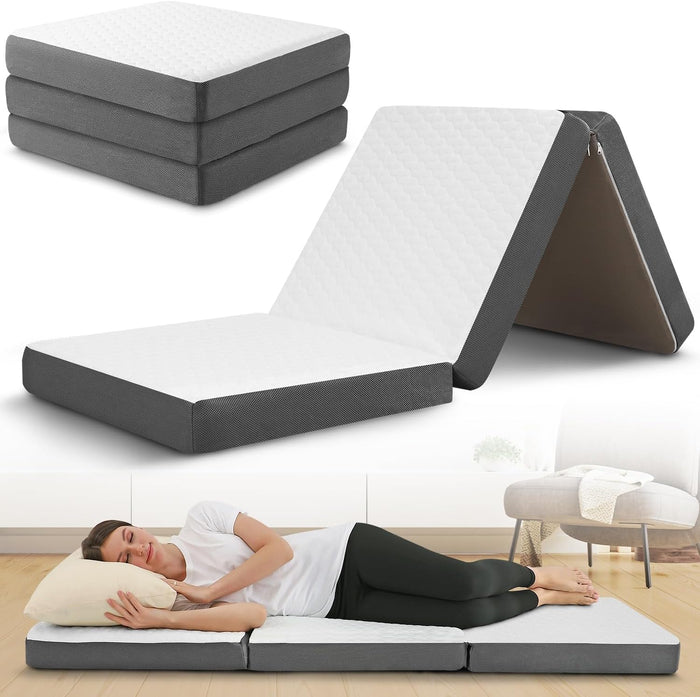 Tri-Fold Twin Memory Foam Mattress – Portable Guest Bed with Washable Cover