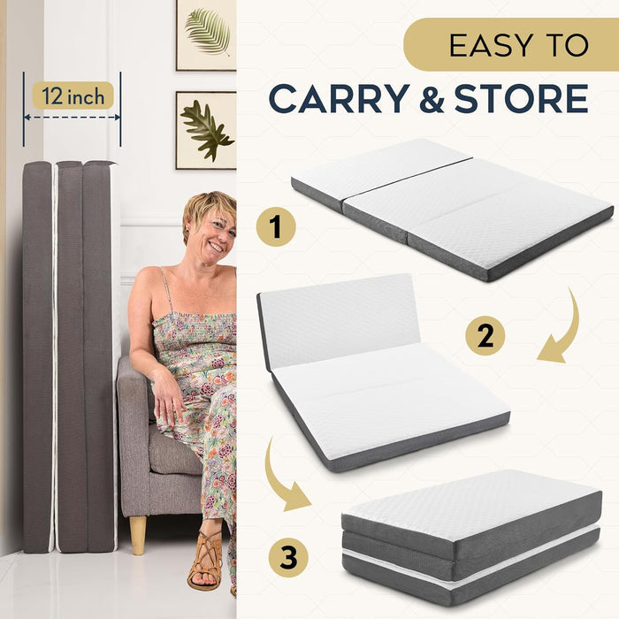 Tri-Fold Twin Memory Foam Mattress – Portable Guest Bed with Washable Cover