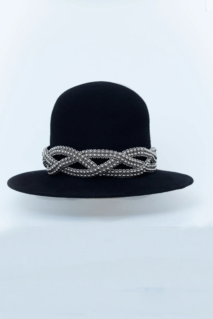 Object & Dawn Beaded modular hat accessory from polymer metal beads on neutral background