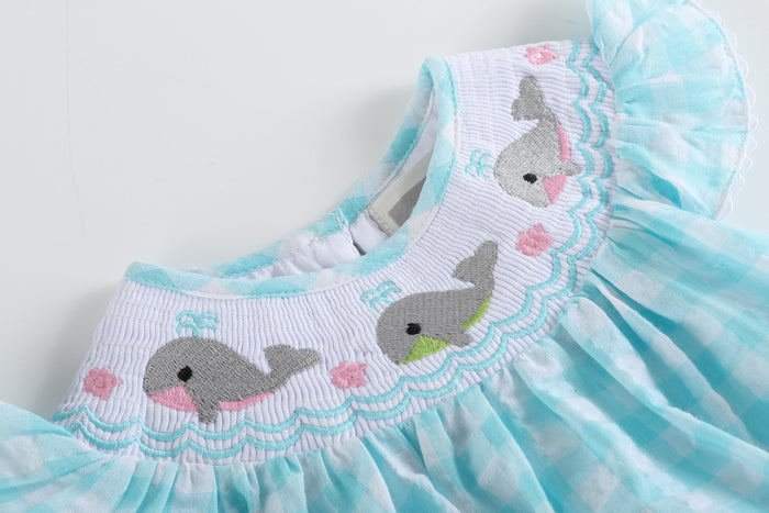 Turquoise Gingham Whale Smocked Flutter Bubble Romper - Lil Cactus