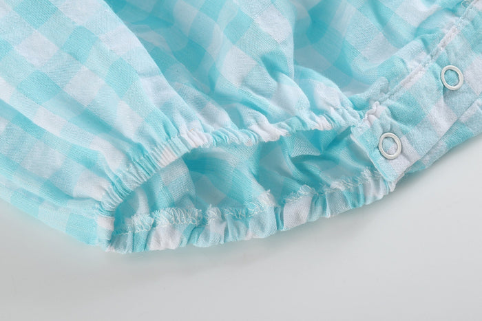 Turquoise Gingham Whale Smocked Flutter Bubble Romper - Lil Cactus
