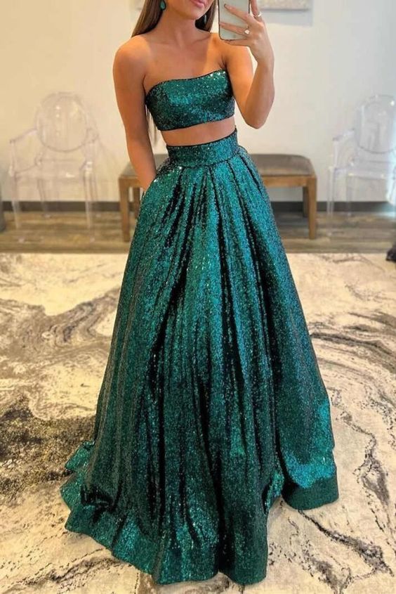 Two pieces Prom Dress 2023 Green A-line Strapless Sequin with Pleats