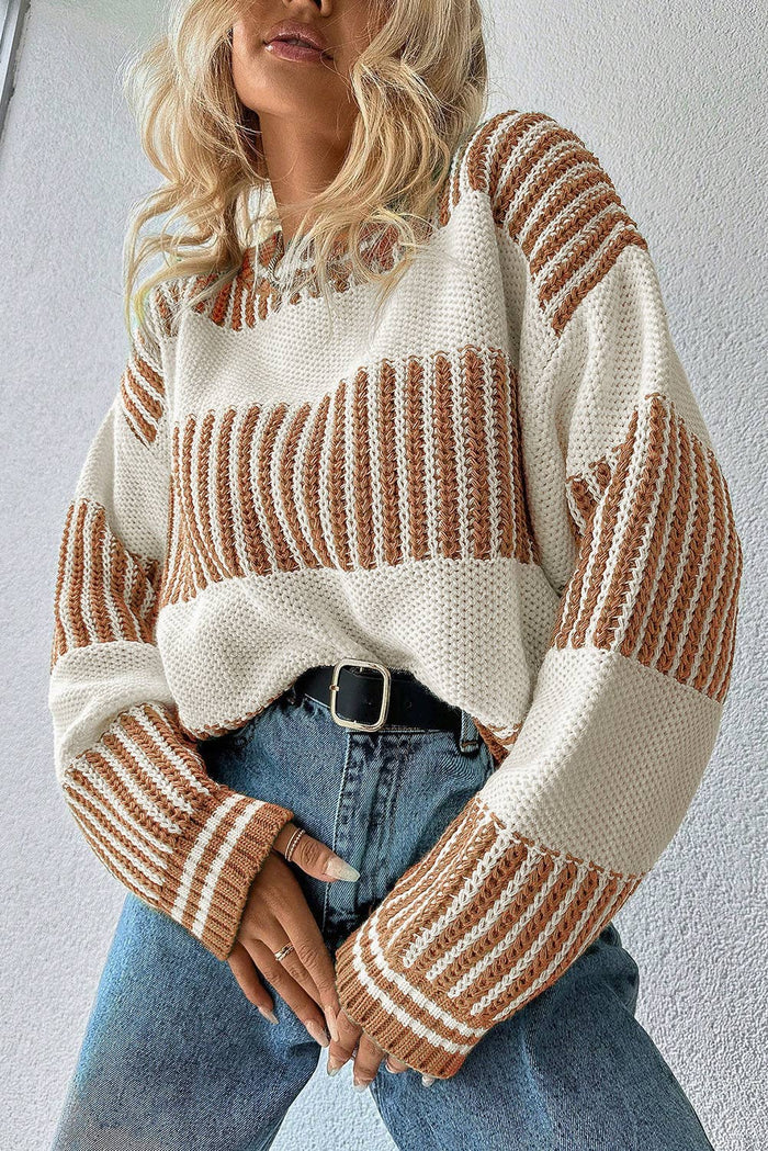 Two Tone Striped Patchwork Drop Shoulder Loose Sweater