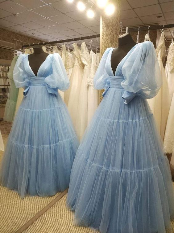 Unique Prom Dress 2022 Ball Gown Deep V-neck Corset back Long Sleeves Tulle