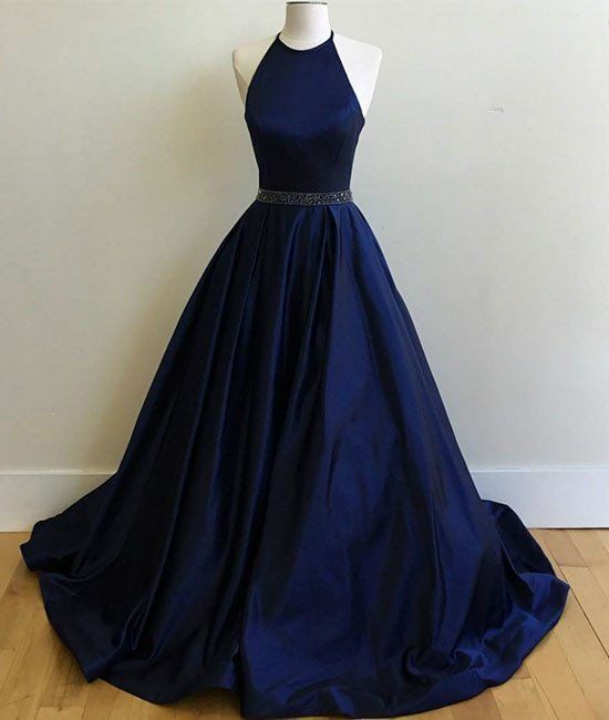 Unique Prom Dress 2023 A-line Halter Neck Sleeveless Satin with Pleats