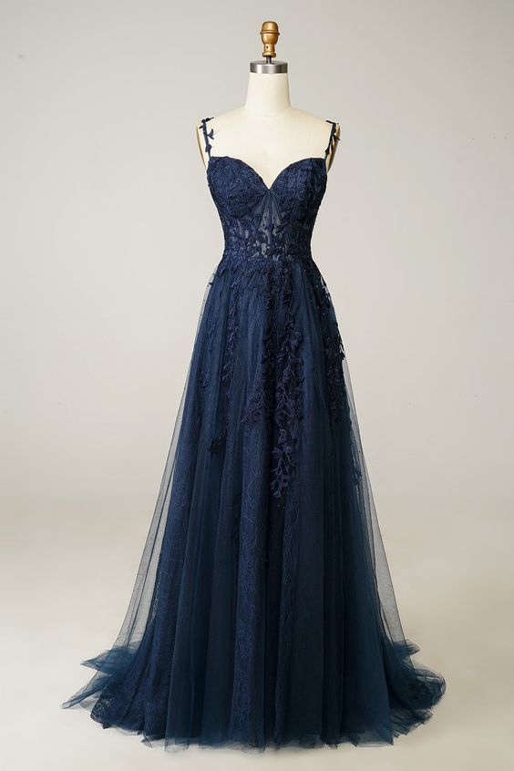 Unique Prom Dress 2023 A-line V Neck Spaghetti Straps Lace Tulle with Appliques