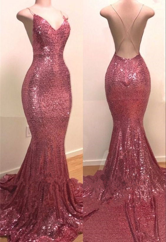 Unique Prom Dress 2023 Mermaid/Trumpet V Neck Spaghetti Straps Crisscross Back Glitter Sparkle&Shine