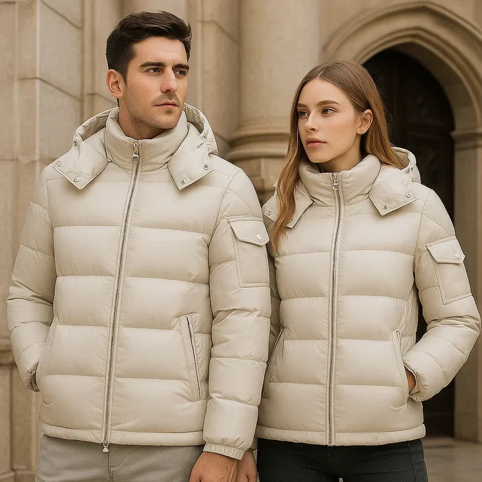 Unisex Hooded Down Jacket – White Duck Down Fill, Windproof Nylon Shell, Loose Fit Winter Sports Coat, 3 Colors
